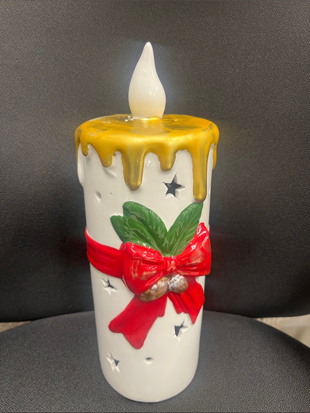 Holiday Ceramic LED Candle with Red Bow and Green Leaves